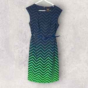 Navy and Green Chevron Belted Dress, Size 10